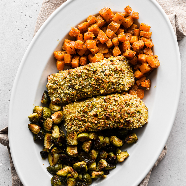 Pistachio Crusted Salmon with Brussel Sprouts and Butternut Squash
